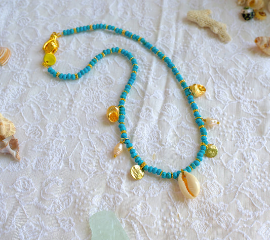 Collier Femme en Howlite Turquoise & Breloques Coquillages – Bijou Bohème Chic Fait Main