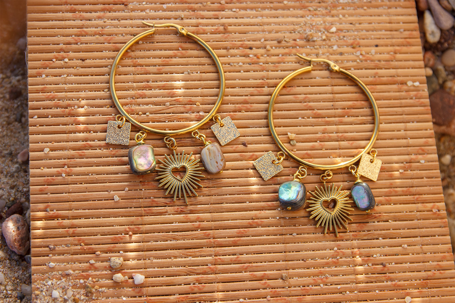 Boucles d'oreilles à breloque ex voto coeur abalone et sequin