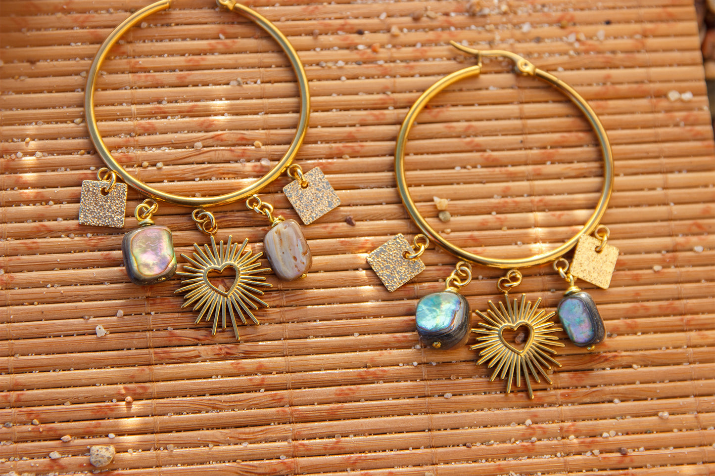 Boucles d'oreilles à breloque ex voto coeur abalone et sequin