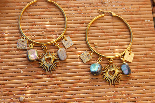 Boucles d'oreilles à breloque ex voto coeur abalone et sequin