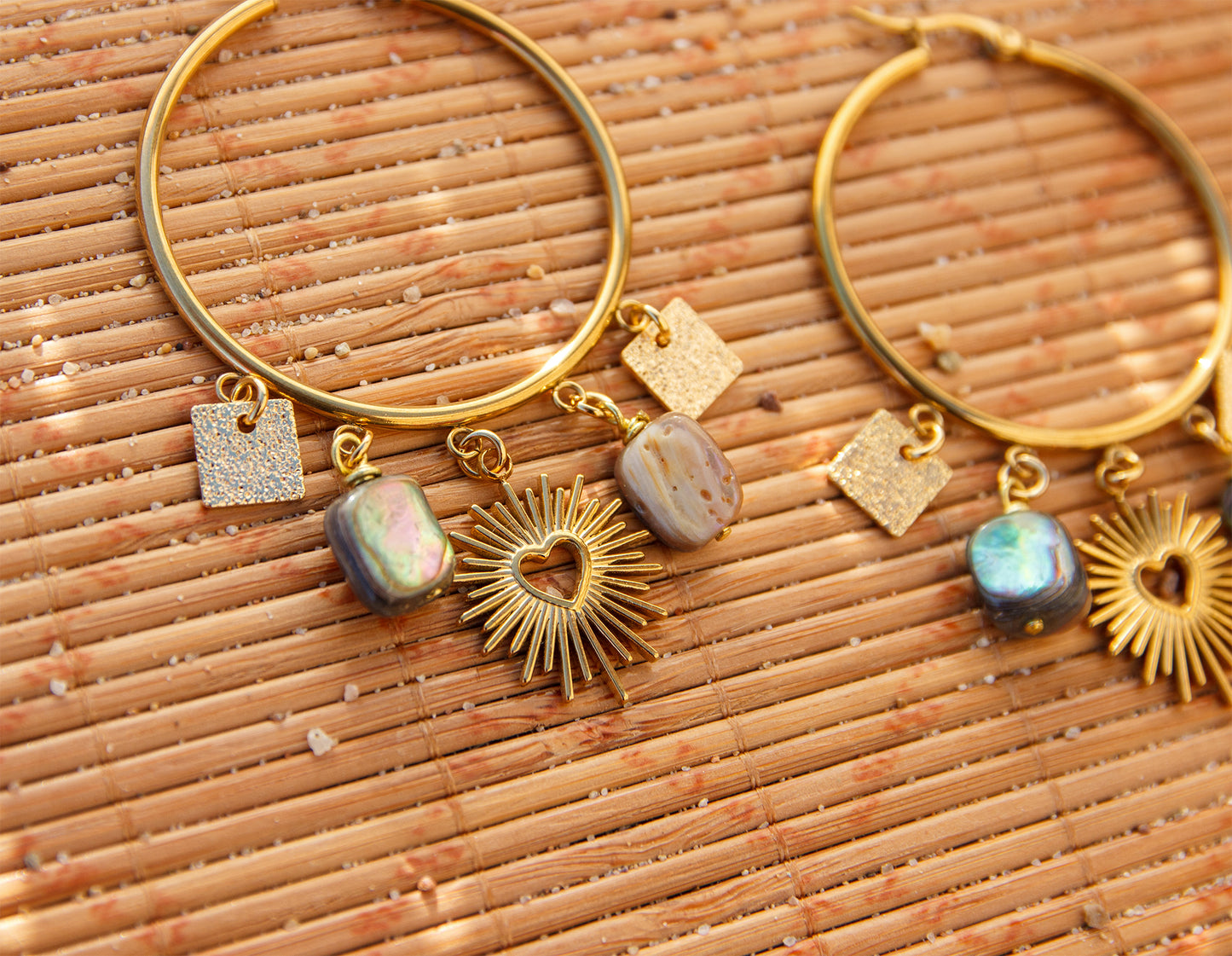 Boucles d'oreilles à breloque ex voto coeur abalone et sequin