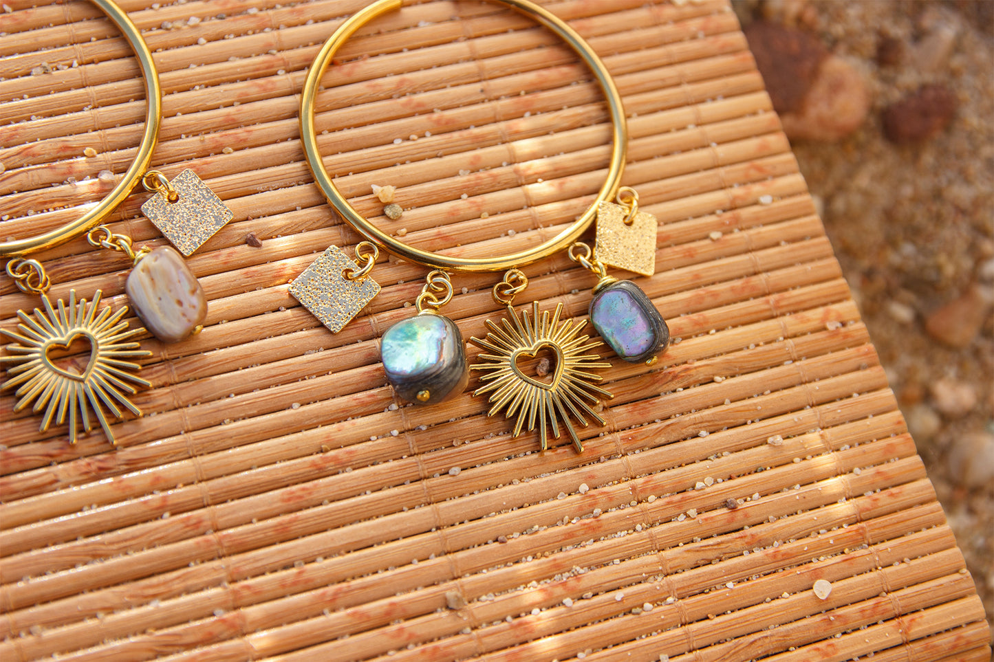 Boucles d'oreilles à breloque ex voto coeur abalone et sequin