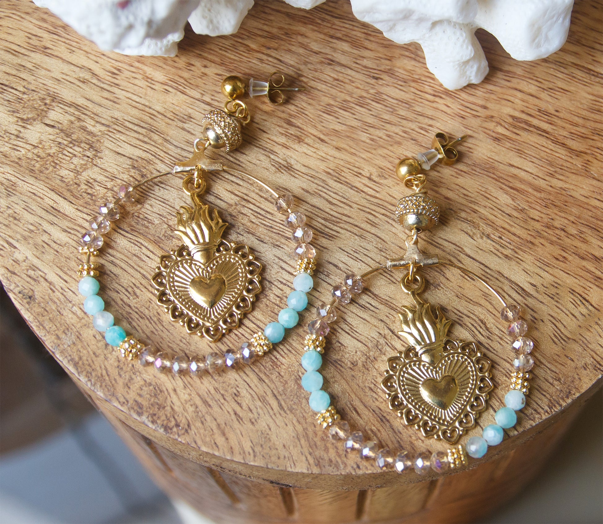 boucle d'oreille ronde perle amazonite ex voto - caurisandco