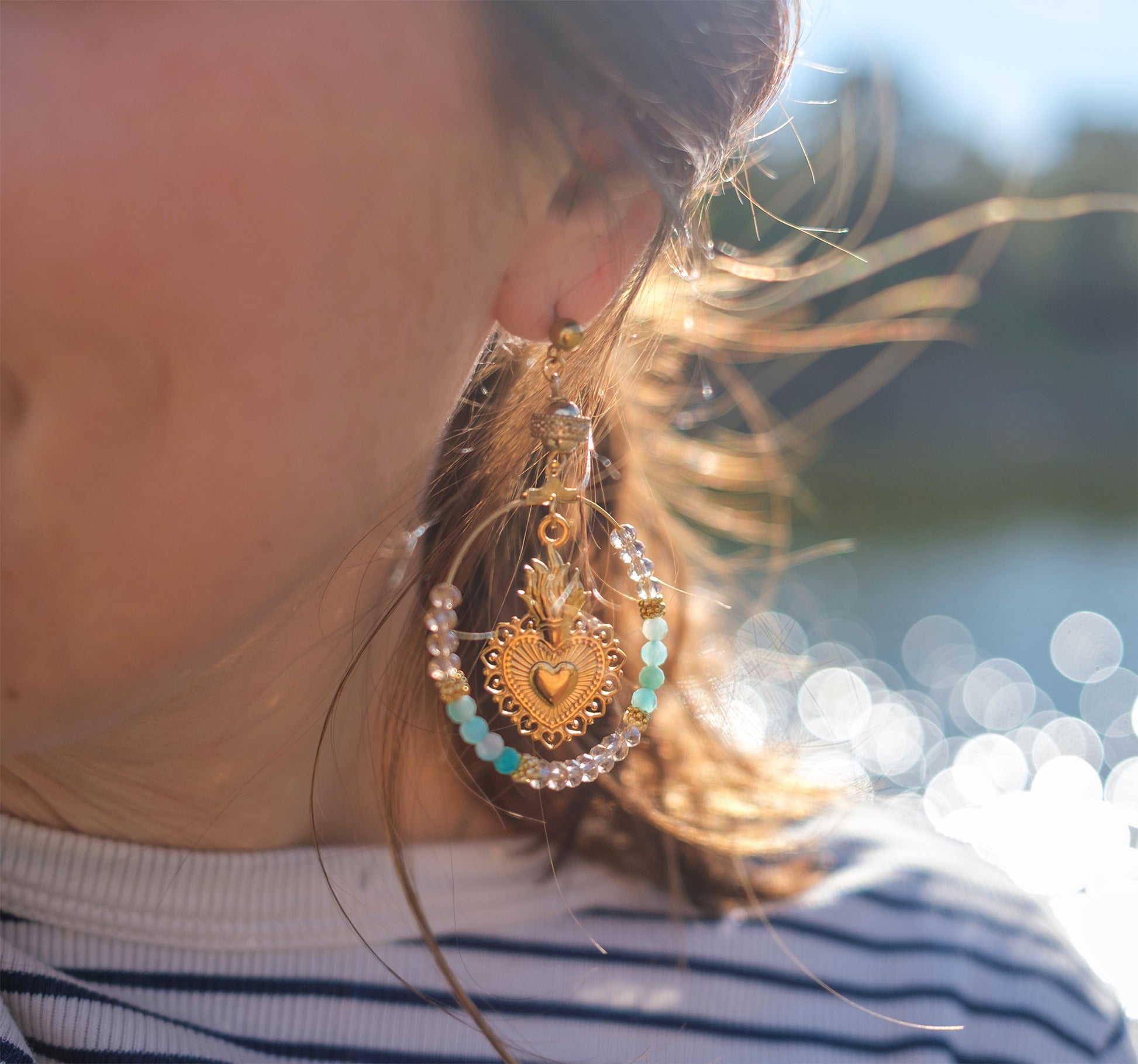 boucle d'oreille ronde perle amazonite ex voto - caurisandco