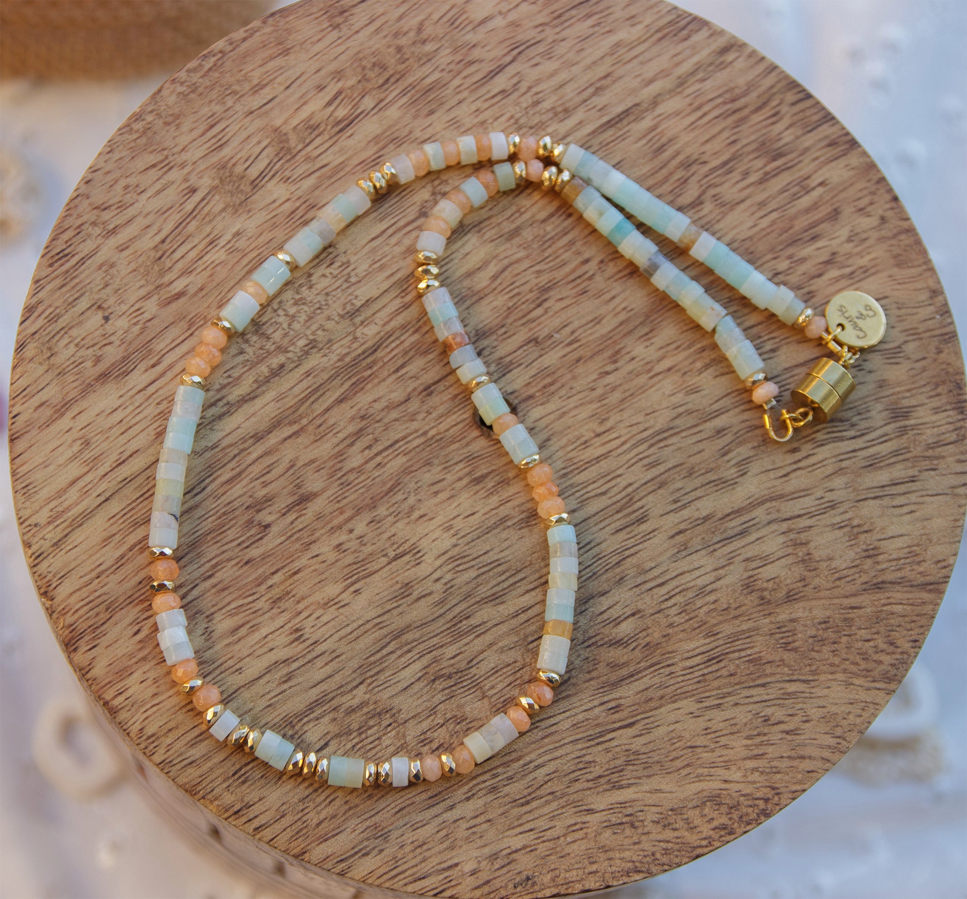 Collier ras de cou en heishi d'amazonite 4mm - caurisandco