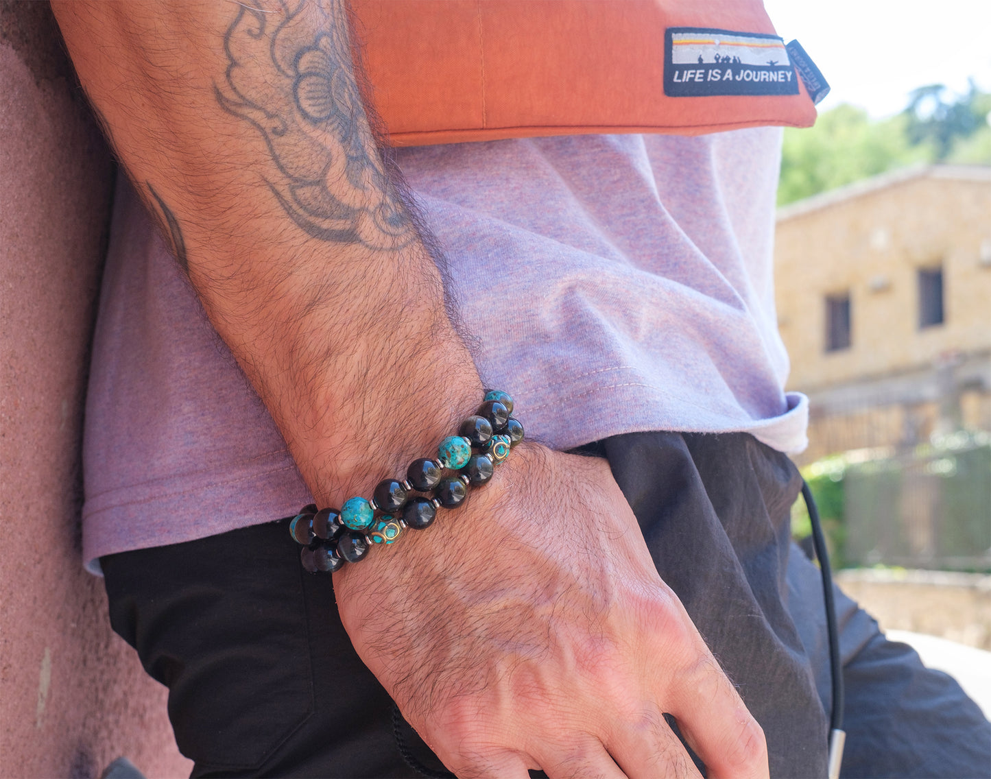 bracelet perles homme obsidienne et perles antique du Tibet turquoise (qualité AAA)