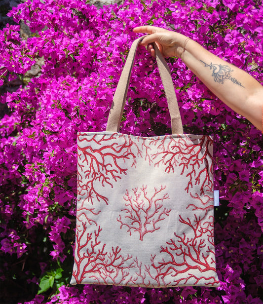 Tote Bag Femme Corail en Jacquard Tissé en France & Doublure Wax Pièce Unique - caurisandco