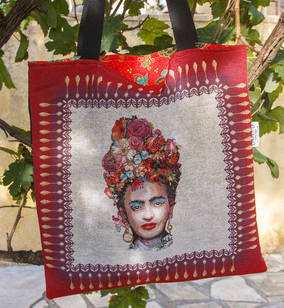 Tote bag femme Frida Kahlo rouge 45 × 45 cm, pièce unique