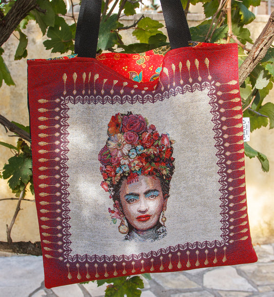 Tote bag femme Frida Kahlo rouge 45 × 45 cm, pièce unique