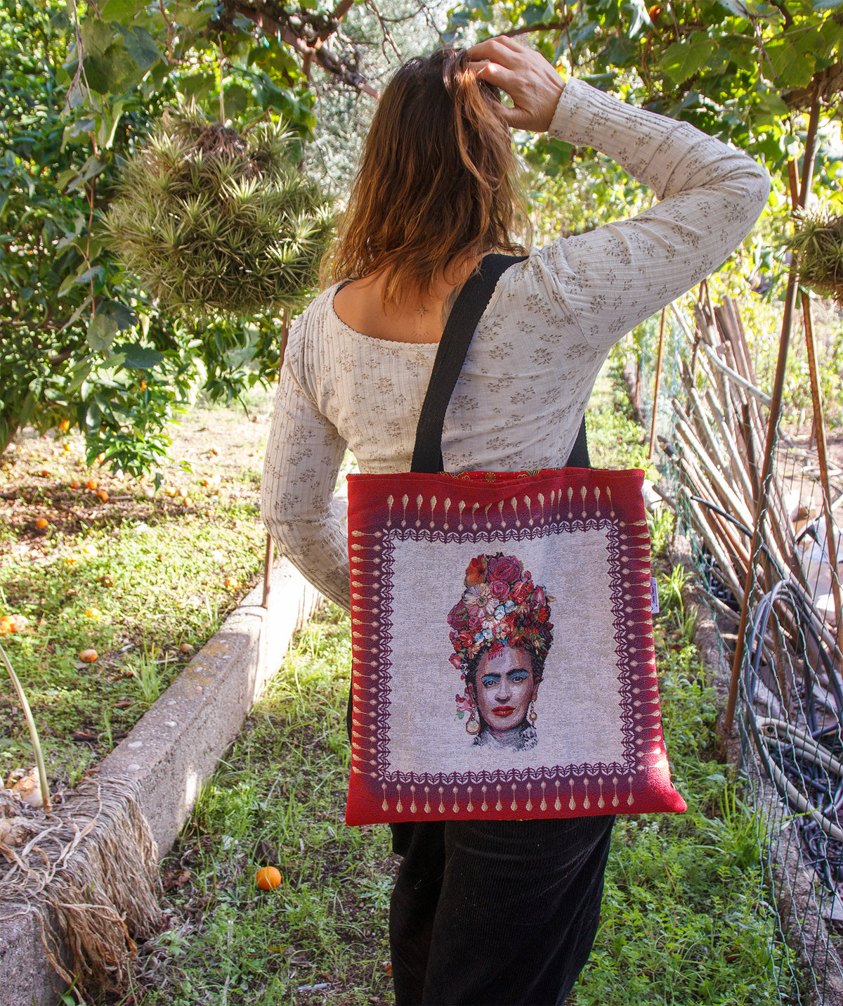 Tote bag femme Frida Kahlo rouge 45 × 45 cm, pièce unique