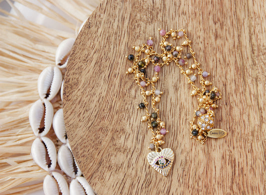 Collier chaine rosaire en tourmaline et pendentif oeil en forme de coeur - caurisandco