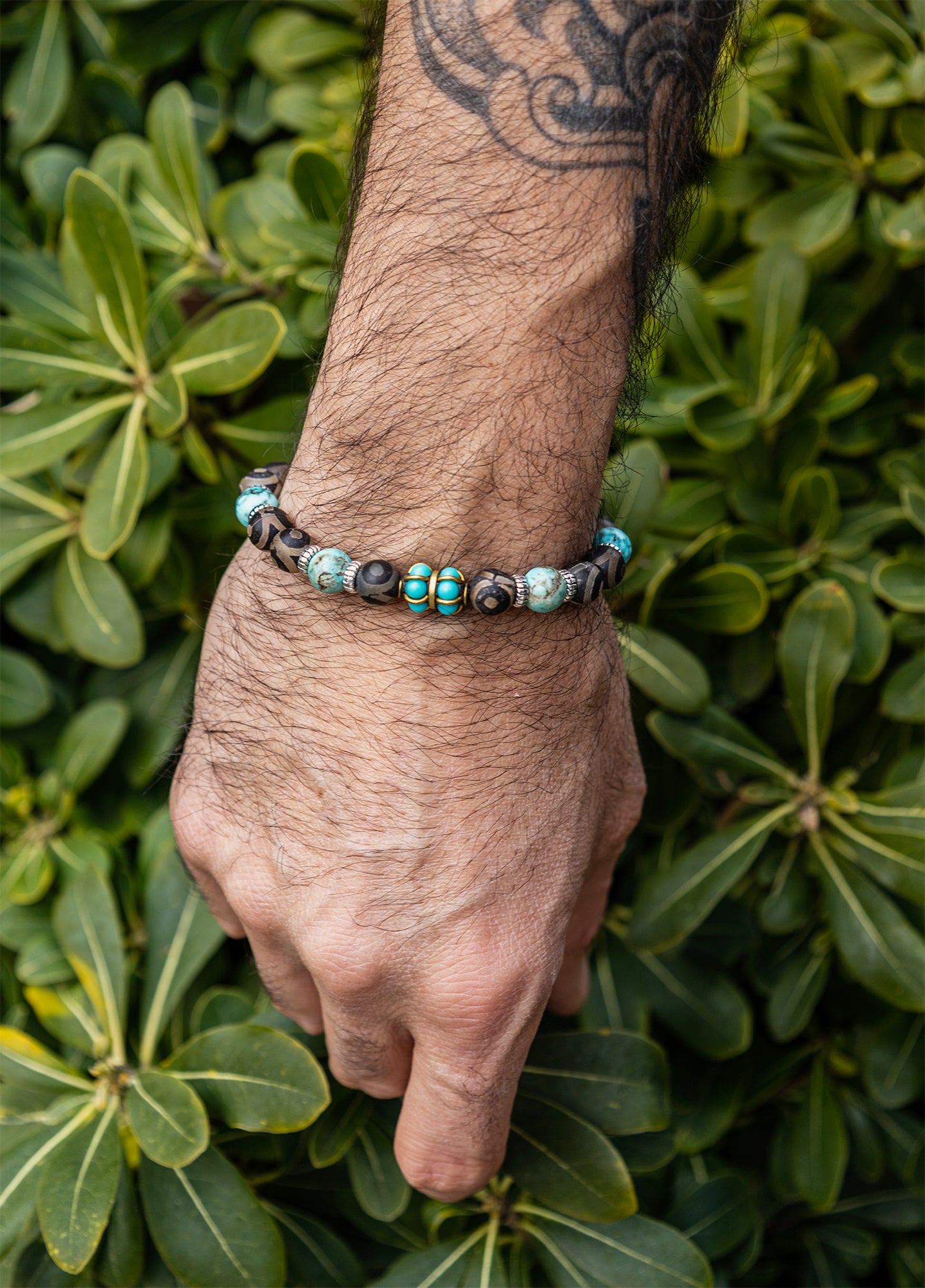 bracelet agate antique et howlite turquoise  fait main piece unique - caurisandco
