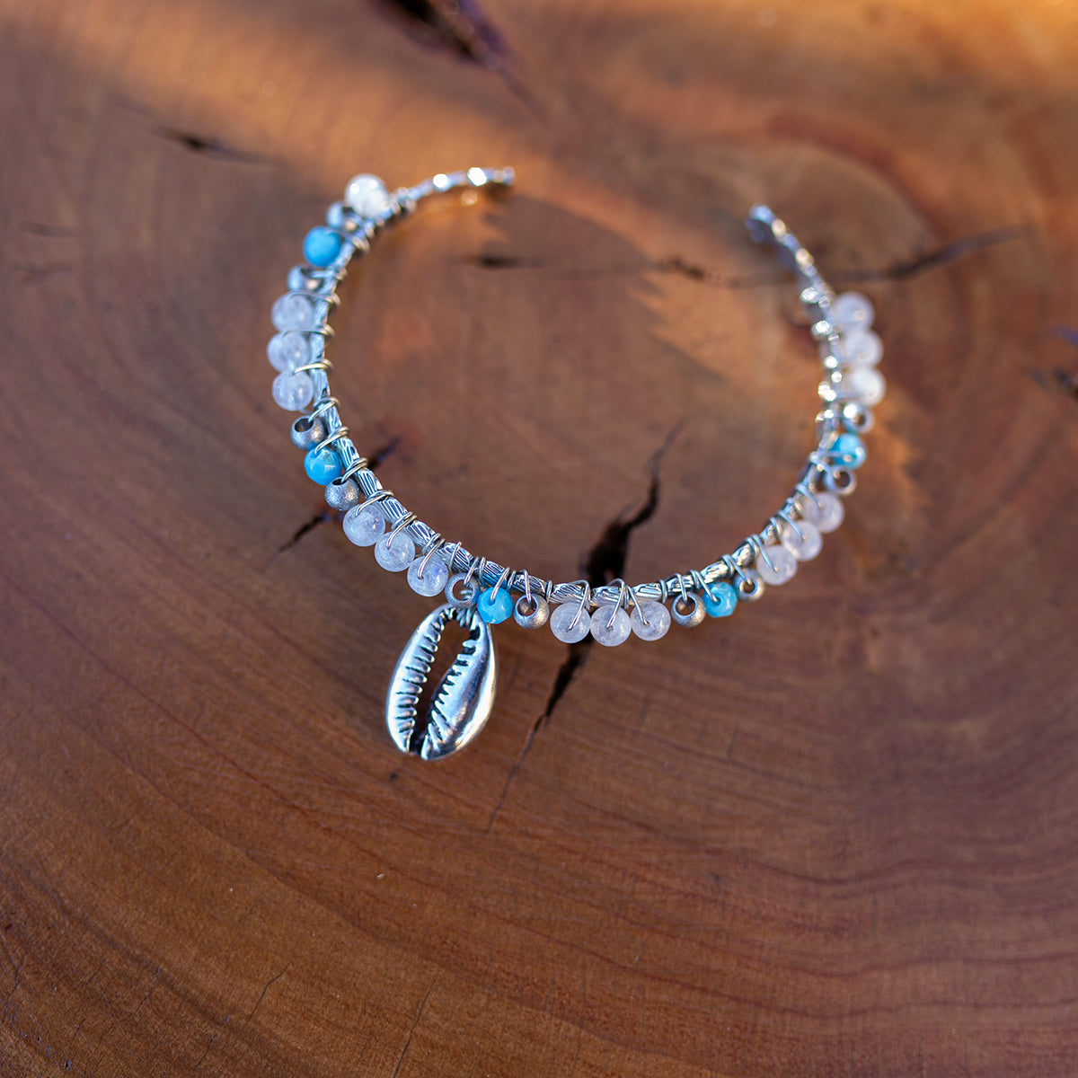 bracelet  jonc tissé en pierre naturelle moonstone perle en verre - caurisandco