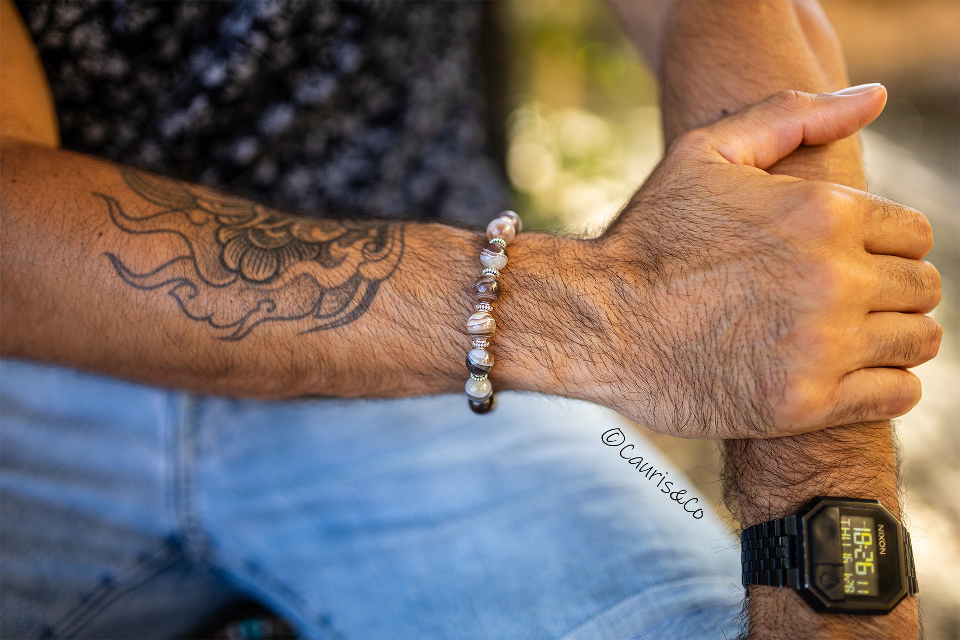 bracelet agate du botswana et perles plaqué argent fait main piece unique - caurisandco