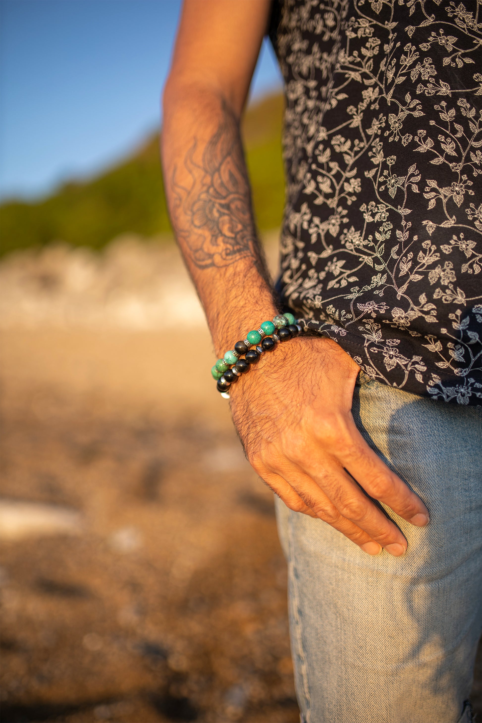 bracelet howlite turquoise obsidienne fait main piece unique - caurisandco