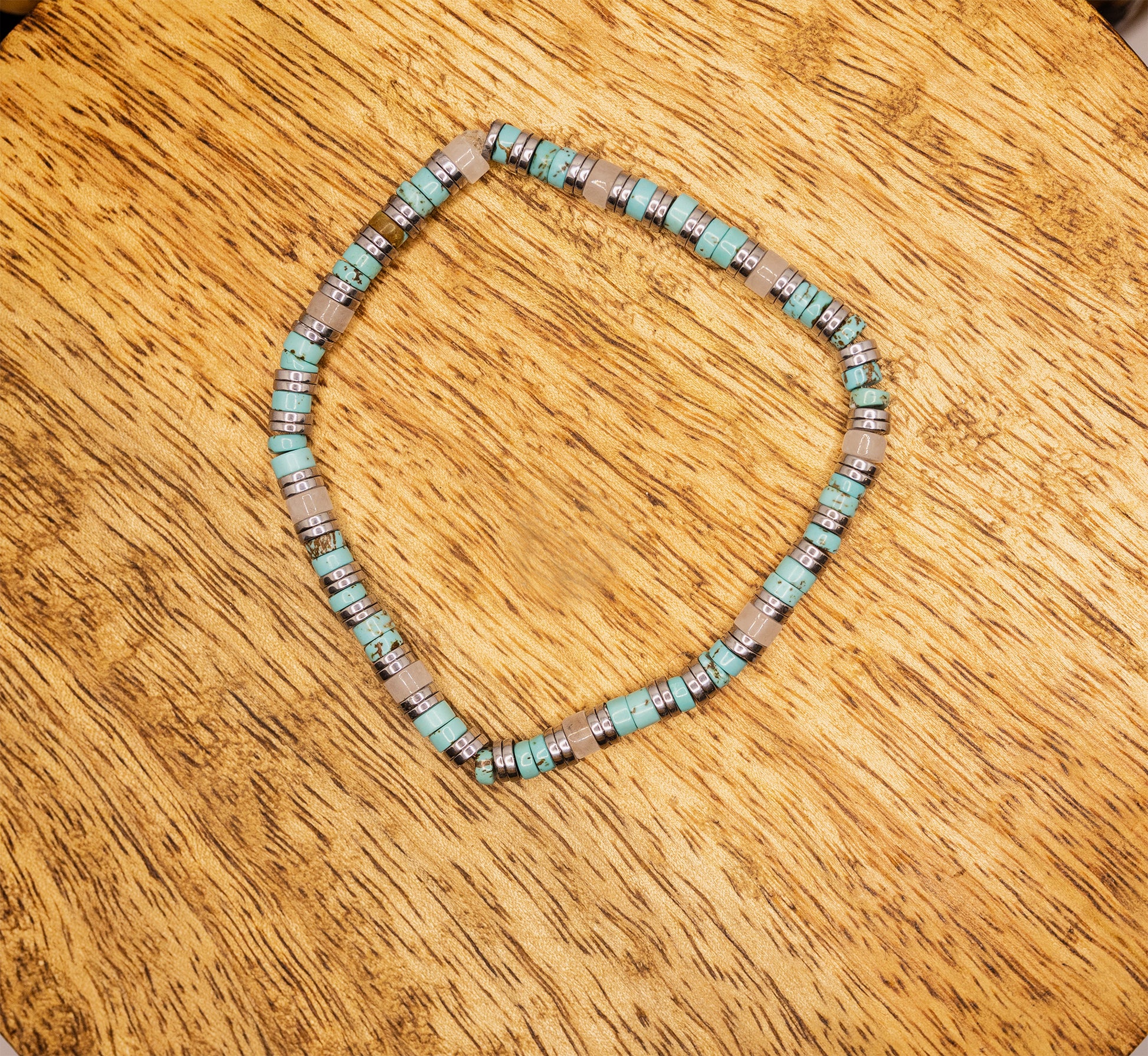 bracelet perles heishi howlite turquoise quartz rose et hematite argent fait main - caurisandco