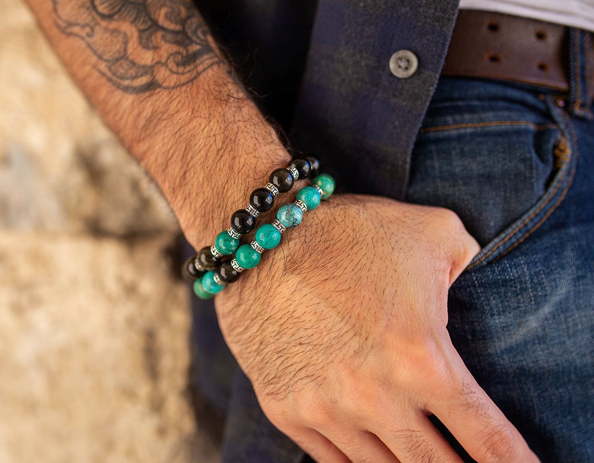 bracelet howlite turquoise obsidienne fait main piece unique - caurisandco