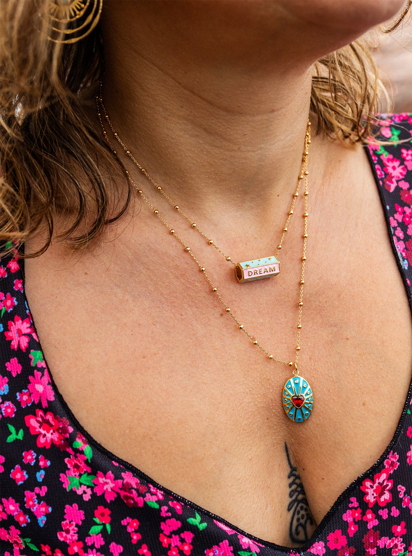 collier double talisman à message "amour" et "dream" et pendentif coeur fait main - caurisandco