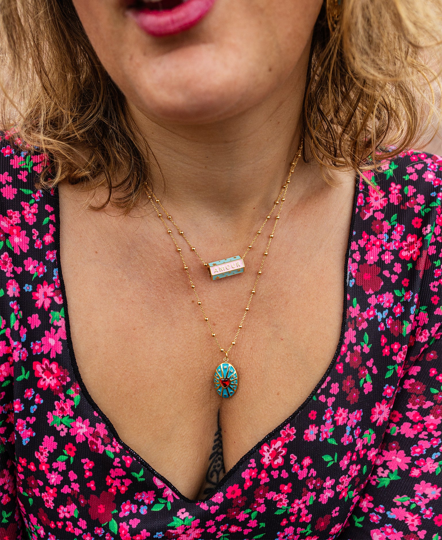 collier double talisman à message "amour" et "dream" et pendentif coeur fait main - caurisandco